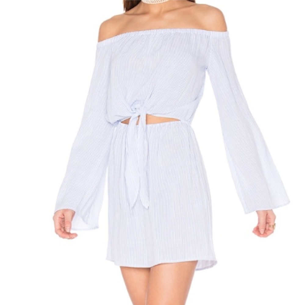 L'Academie Blue Stripe Bell Sleeve Off Shoulder Front Cut Out Tie Dress